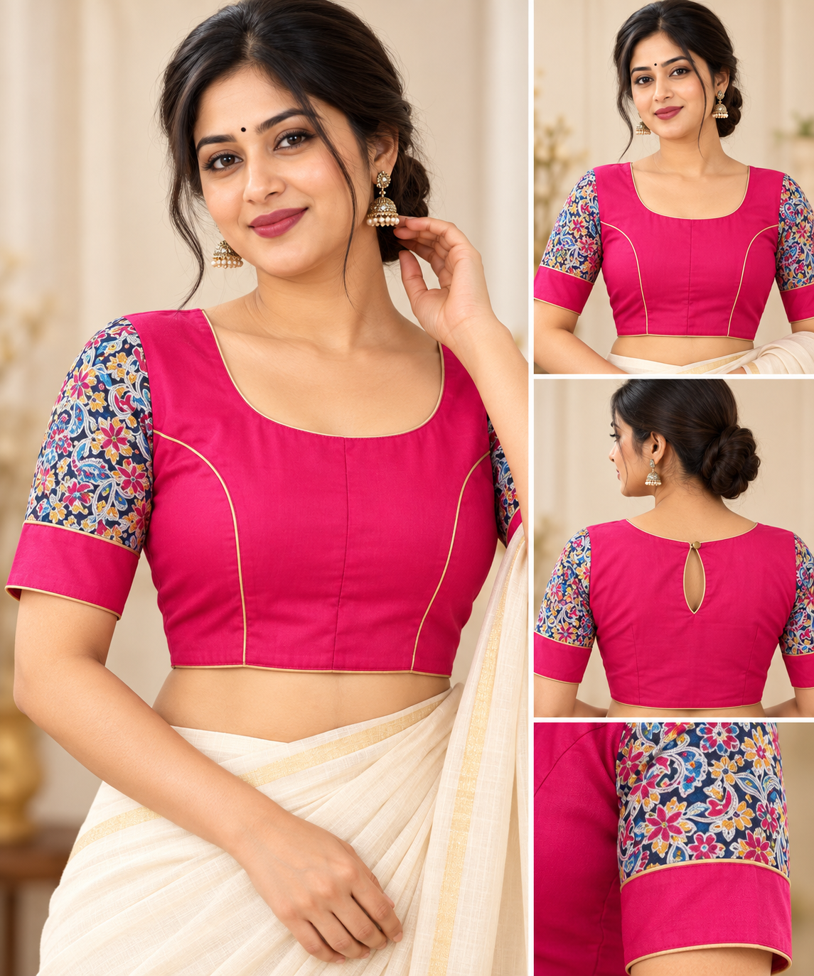 Fuchsia Pink Keyhole Back Festive Designer Blouse